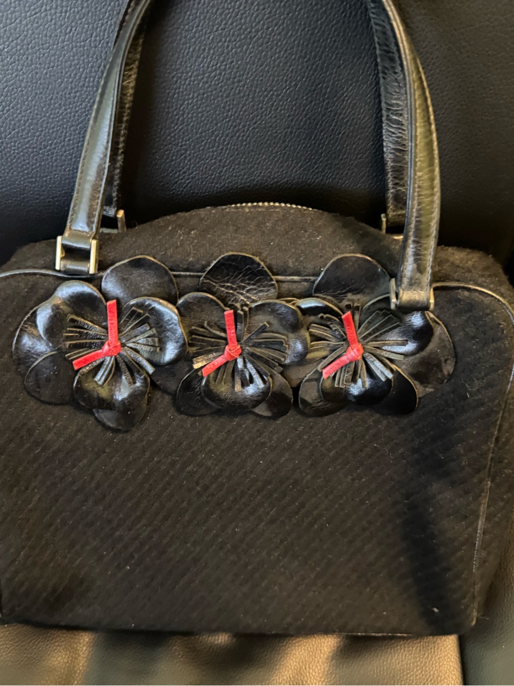 kate spade Vintage Black Floral leather Appliqué Satchel with Red Accents